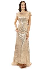 Party Dress Long, Scoop Backless Floor-length Sparkle Sequins Champagne Prom Dresses