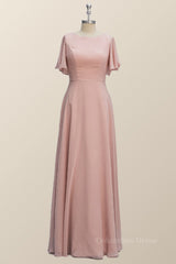 Prom Dresses 2026 Short, Scoop Blush Pink Chiffon A-line Long Bridesmaid Dress