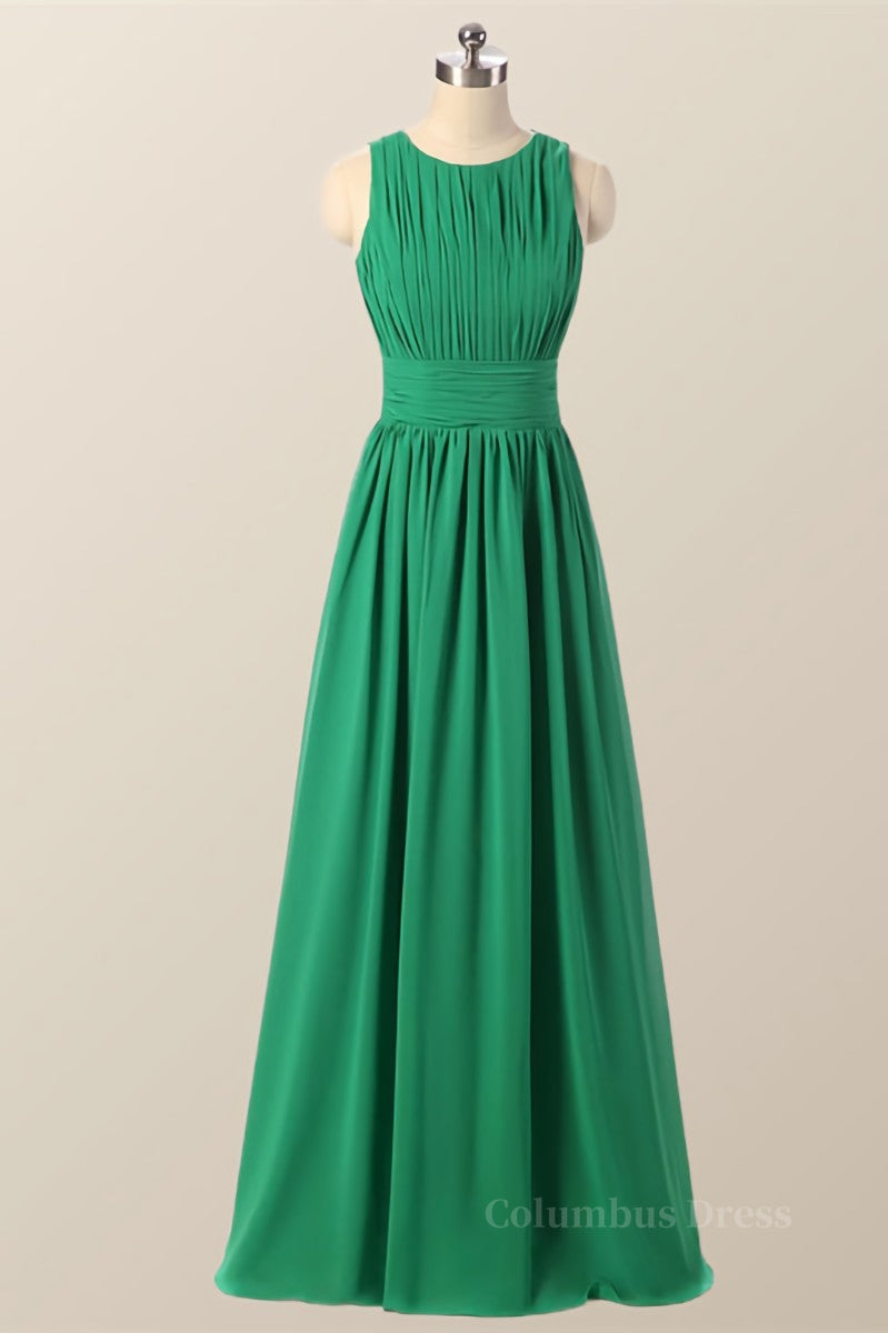 Party Dresses Stores, Scoop Green Pleated Chiffon A-line Long Bridesmaid Dress
