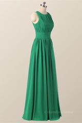 Party Dress Stores, Scoop Green Pleated Chiffon A-line Long Bridesmaid Dress
