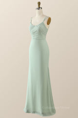 Bridesmaid Dress Colours, Scoop Mint Green Chiffon Pleated Long Bridesmaid Dress