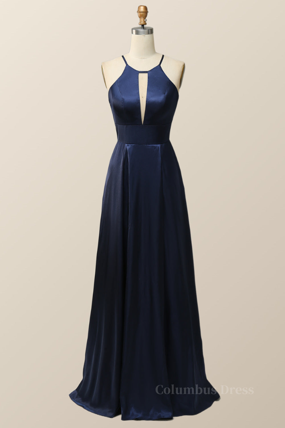 Prom Dress 3 9 Sleeves, Scoop Navy Blue Halter Long Dress with Keyhole