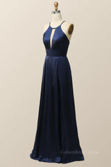 Prom Dresses 3 9 Sleeves, Scoop Navy Blue Halter Long Dress with Keyhole