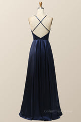 Prom Dresses For Warm Weather, Scoop Navy Blue Halter Long Dress with Keyhole