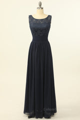 Bridesmaid Dresses Winter, Scoop Navy Blue Lace and Chiffon A-line Long Bridesmaid Dress