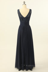 Bridesmaid Dresses Champagne, Scoop Navy Blue Lace and Chiffon A-line Long Bridesmaid Dress