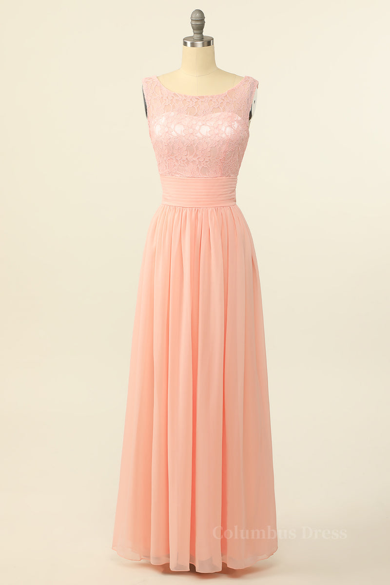 Bridesmaids Dress With Lace, Scoop Pink Lace and Tulle A-line Long Bridesmaid Dress