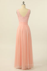 Bridesmaid Dress With Lace, Scoop Pink Lace and Tulle A-line Long Bridesmaid Dress