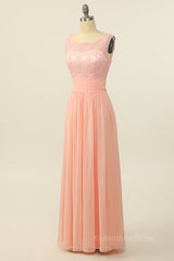 Bridesmaids Dresses With Lace, Scoop Pink Lace and Tulle A-line Long Bridesmaid Dress