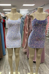 Prom Dresses Colorful, Scoop Pink Sequin Tight Mini Party Dress