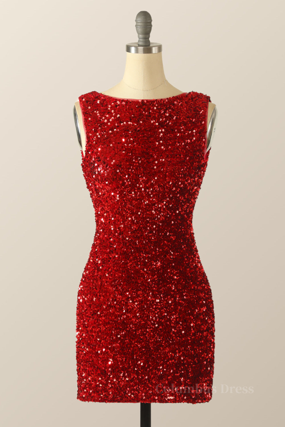 Homecoming Dresses Pink, Scoop Red Sequin Tight Mini Dress with Cowl Back