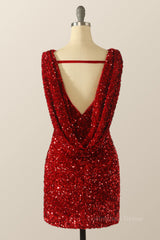 Homecoming Dress Pink, Scoop Red Sequin Tight Mini Dress with Cowl Back