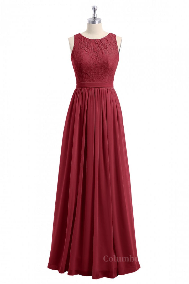 Bridesmaid Dress Mauve, Scoop Wine Red A-line Lace and Chiffon Long Bridesmaid Dress