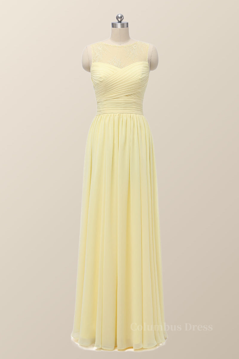 Evening Dresses Cheap, Scoop Yellow Chiffon Pleated Long Bridesmaid Dress