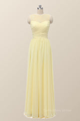 Evening Dresses Cheap, Scoop Yellow Chiffon Pleated Long Bridesmaid Dress