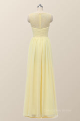 Evening Dress Elegant, Scoop Yellow Chiffon Pleated Long Bridesmaid Dress