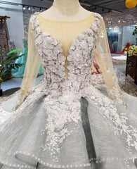 Wedding Dress 2022, Gorgeous Lace Appliques Tulle Long Sleeves Monarch Train Ball Gown Wedding Dresses