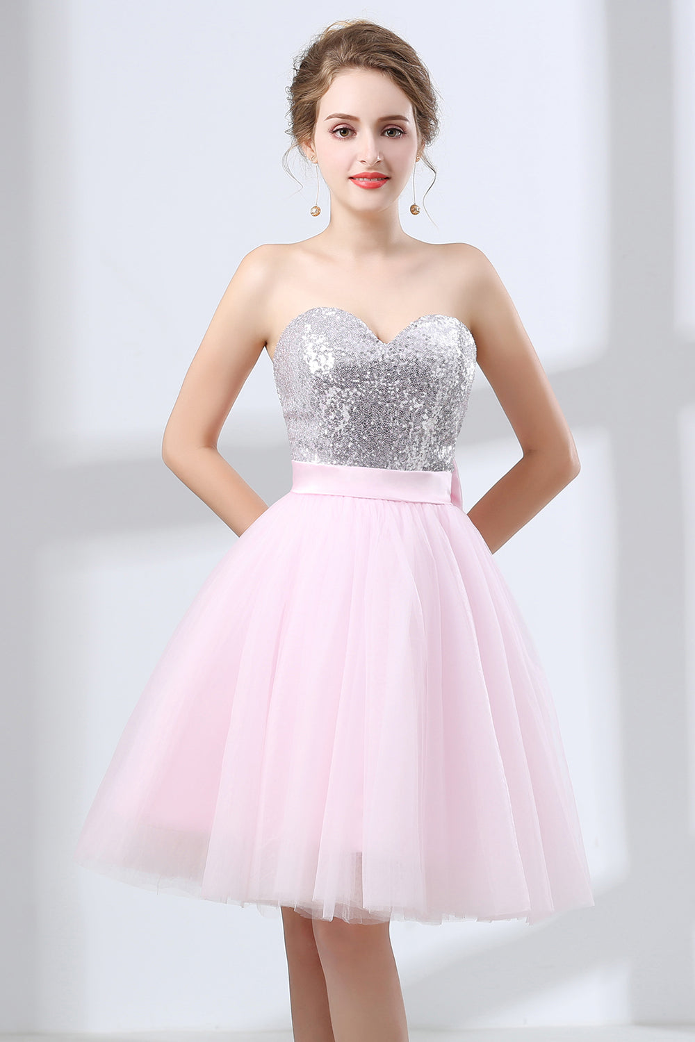 Evening Dress Fitted, Sequin Lace & Tulle Sweetheart Neckline Short Length A-line Bridesmaid Dresses