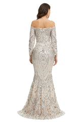 Long Gown, Sequins Mermaid Long Sleeves Off the Shoulder Evening Dresses