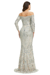 96 Prom Dress, Sequins Mermaid Long Sleeves Off the Shoulder Evening Dresses