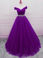 Formal Dress For Winter, Sequins Sweetheart Long Party Dress, Purple Tulle Evening Gown