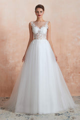 Wedding Dresses For Beach Weddings, Sequins White Tulle Affordable Wedding Dresses with Appliques
