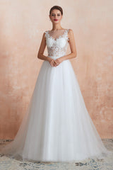 Wedding Dress For Beach Wedding, Sequins White Tulle Affordable Wedding Dresses with Appliques