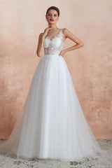 Wedding Dresses Lace Simple, Sequins White Tulle Affordable Wedding Dresses with Appliques