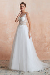 Weddings Dresses Lace Simple, Sequins White Tulle Affordable Wedding Dresses with Appliques