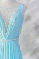 Party Dresses Outfits Ideas, Sexy Light Blue Chiffon Backless Long Evening Gown, Blue Party Dress