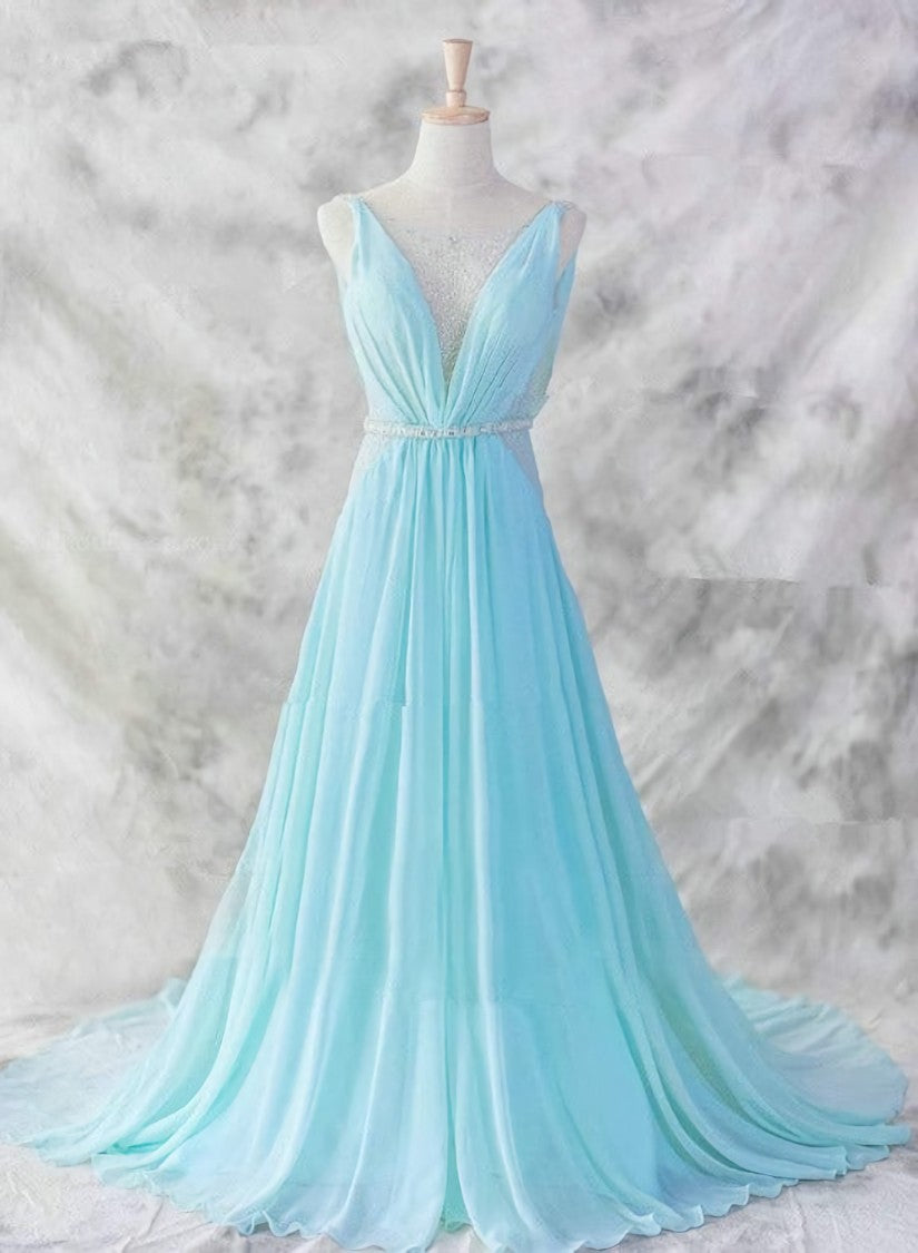 Party Dress New, Sexy Light Blue Chiffon Backless Long Evening Gown, Blue Party Dress