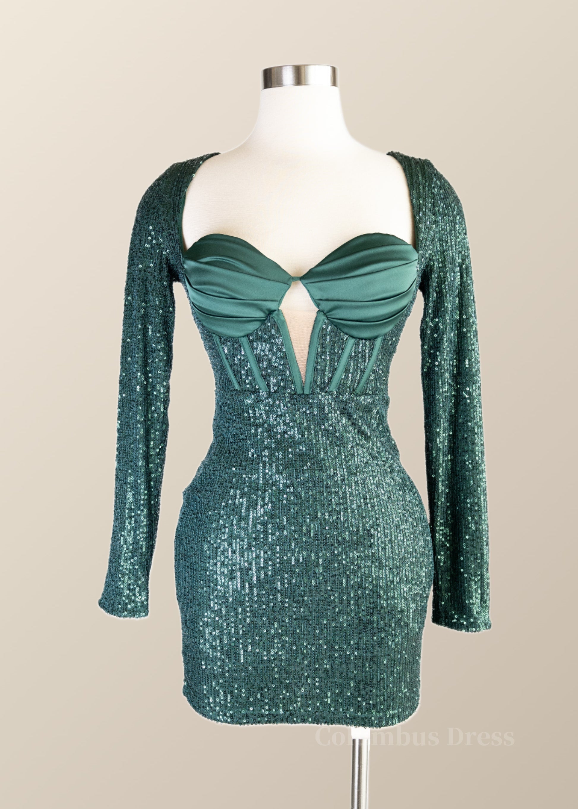 Formal Dress Places Near Me, Sexy Long Sleeves Green Sequin Tight Mini Dress