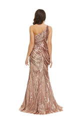 Bridesmaids Dresses Vintage, Rose Gold One Shoulder with Side Slit Prom Dresses