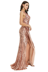 Bridesmaid Dress Winter, Rose Gold One Shoulder with Side Slit Prom Dresses