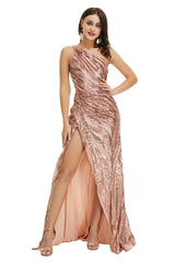 Bridesmaids Dresses Winter, Rose Gold One Shoulder with Side Slit Prom Dresses