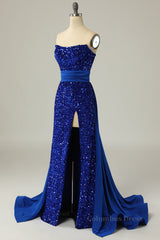 Bridesmaid Dress Style Long, Sexy Royal Blue Sequin Mermaid Long Formal Dress with Train