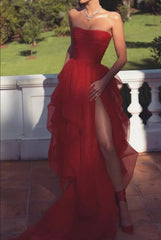 Formal Dresses Wedding, Sexy Strapless Layered Red Long Prom Dresses with High Slit,Formal Dresses,Dance Dress