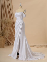 Wedding Dress For Large Bust, Sheath Charmeuse Off-the-Shoulder Pleated Court Train Wedding Dress