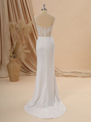 Wedding Dress Simple Lace, Sheath Charmeuse Spaghetti Straps Appliques Lace Sweep Train Corset Wedding Dress