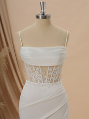 Wedding Dress For Beach Wedding, Sheath Charmeuse Spaghetti Straps Appliques Lace Sweep Train Corset Wedding Dress