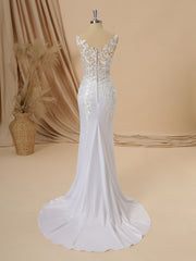 Wedding Dress And Veil, Sheath Charmeuse V-neck Appliques Lace Sweep Train Wedding Dress