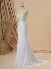 Wedding Dress Flower, Sheath Charmeuse V-neck Appliques Lace Sweep Train Wedding Dress