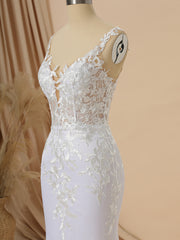 Wedding Dress Flowers, Sheath Charmeuse V-neck Appliques Lace Sweep Train Wedding Dress