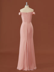 Formal Dress Long, Sheath Chiffon Off-the-Shoulder Pleated Floor-Length Bridesmaid Dress