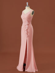 Formal Dresses Lace, Sheath Chiffon V-neck Pleated Floor-Length Bridesmaid Dress