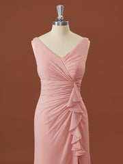 Formal Dress Gown, Sheath Chiffon V-neck Pleated Floor-Length Bridesmaid Dress
