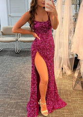 Bridesmaids Dress Color, Sheath/Column Bateau Spaghetti Straps Long/Floor-Length Velvet Sequins Prom Dress With Split