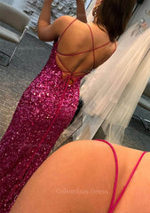 Bridesmaid Dresses Color, Sheath/Column Bateau Spaghetti Straps Long/Floor-Length Velvet Sequins Prom Dress With Split