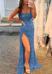 Bridesmaid Dresses Cheap, Sheath/Column Bateau Spaghetti Straps Long/Floor-Length Velvet Sequins Prom Dress With Split