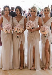 Prom Dress Beautiful, Sheath/Column Cowl Neck Sleeveless Chiffon Bridesmaid Dresses With Pleated Split